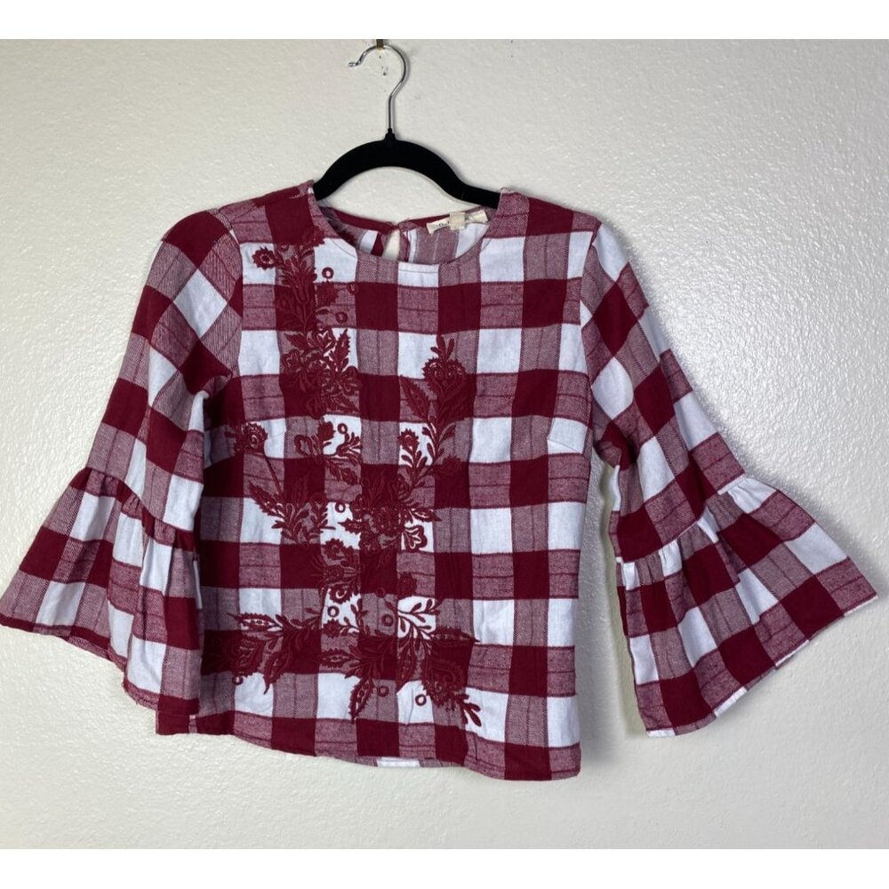 Rebellion Red White Plaid Bell Sleeve Embroidered Floral Top Women Size Small
